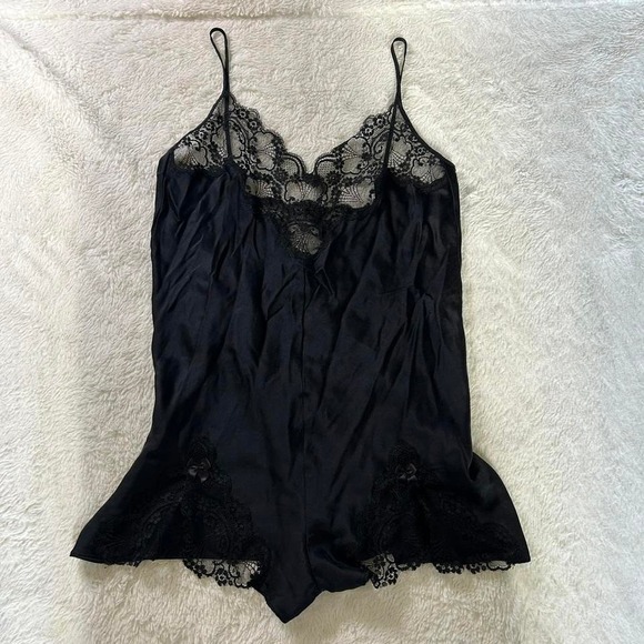 Vintage black satin slip romper with lace trim womens small - Picture 1 of 7